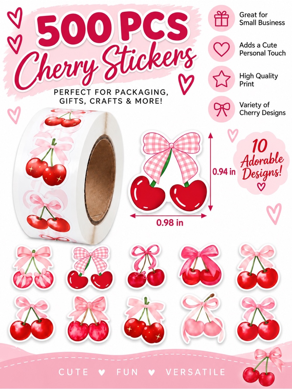 500 PCS Cherry Stickers – Pink Bow & Cherry Designs